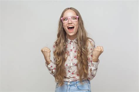 Win Emotional Blonde Woman Shout And Have A Happiness Look And Stock
