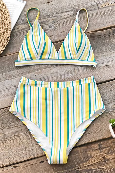 Gelb Weiß und Blau Streifen Bikini Cupshe Deutschland