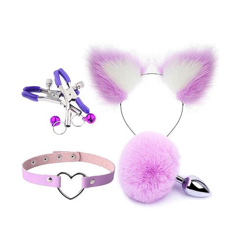 Kit Plug Anal Rabo De Coelho Tiara De Orelhas Grampos Para Os Seios Em Metal E Gargantilha