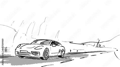 Car Driving Down Road Drawing