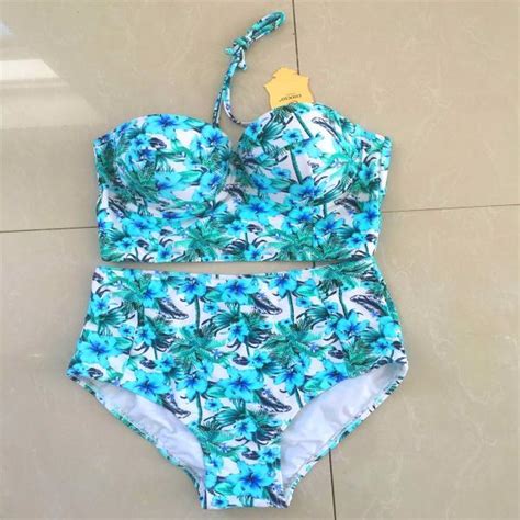 Women High Waist Green Flower Pattern Swimswear Swimsuit Bikini On Luulla