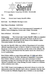 Sex Offender Release Notification Green Lake County WI