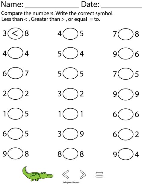 Comparing 2 Numbers Kindergarten Math Worksheet Twisty Noodle Worksheets Library