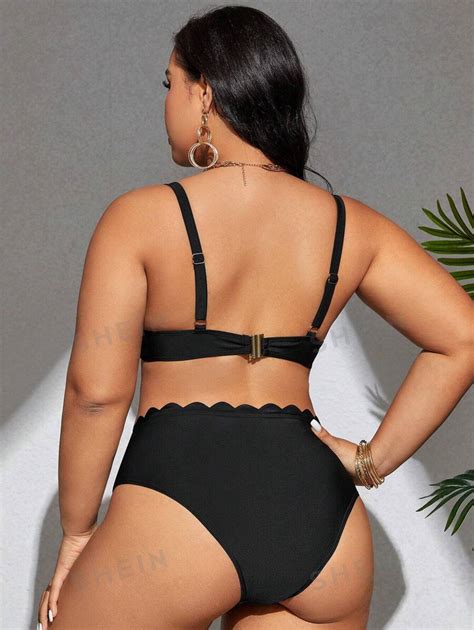 Shein Swim Curve Conjunto De Bikini Con Sujetador Con Aro Aletado Y Bottom Para Playa De Talla
