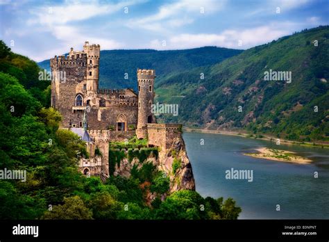 rheinstein medieval castle   rhine river  germany stock photo