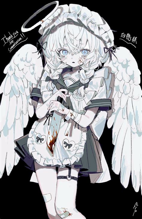 Safebooru 1girl Angel Wings Apron Bandaged Arm Bandages Black Background Black Bow Black Skirt