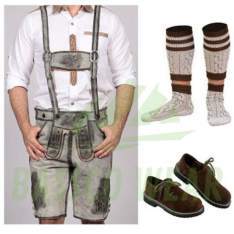 Shaded Grey Trachten Short Mens Lederhosen Embroidered Bavarian