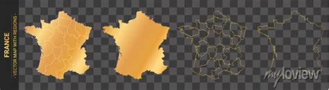 Set Of Gold Political Maps Of France With Regions Isolated Posters