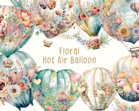 Watercolor Hot Air Balloon Clipart Png With Floral And Travel Etsy