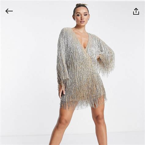Nude Silver Gold Sparkly Tassel Long Sleeve Dress Depop