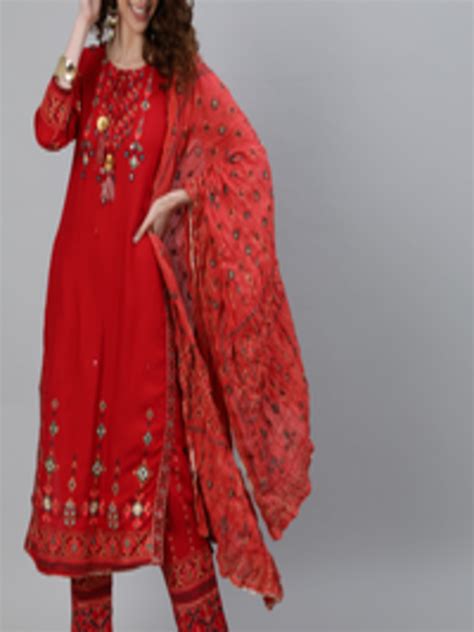 Buy Ishin Women Red Ethnic Motifs Printed Mirror Work Kurta With