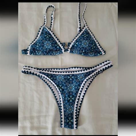 Shein Swim Brazilian Cut Bottomsliding Triangle Top Blue Paisley Print Bikini Nwot Poshmark