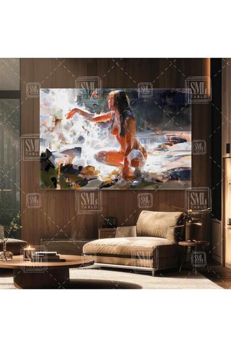 SML TABLO Dere Gök Doğa Kenarında Oturan Seksi Kadın Nude Woman Nü Kız Yatay Kanvas Tablo
