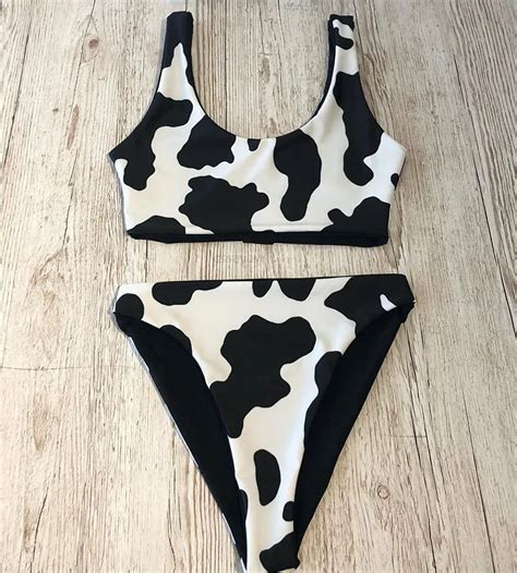 Bikinis Con Estampado De Vaca Traje De Baño De Cintura Alta Bañador