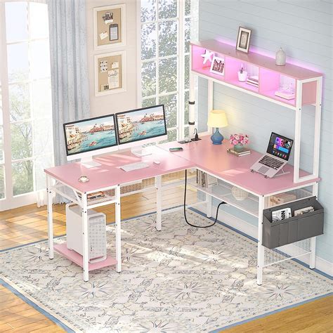 Homieasy 55 Gamer L Shaped Desk With Power Outlets Usb Ports Led