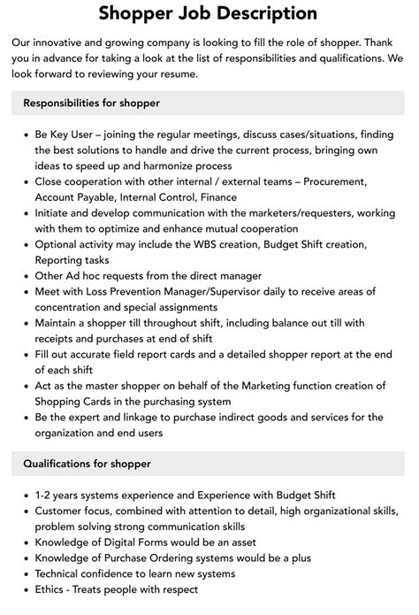 Shopper Job Description Velvet Jobs