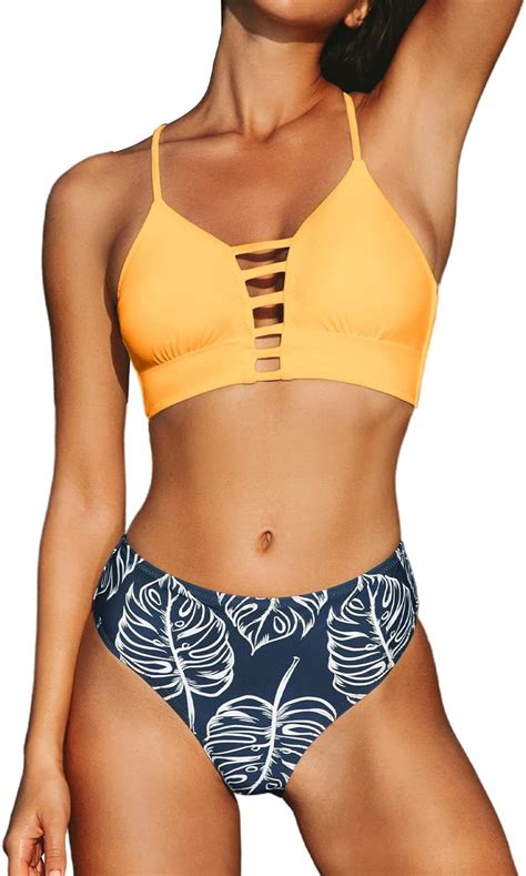 Cupshe Women S Yellow And Leaves Print Lace Bikini Set Amazon Ca Clothing Shoes Accessories