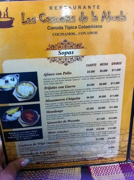 Menu at Las Cazuelas de la Abuela restaurant Bogotá Calle 59 9 16