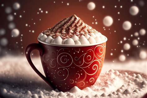 Premium Photo Snow Patterns Hot Chocolate Red Cup Cocoa Drink With Blurry Background