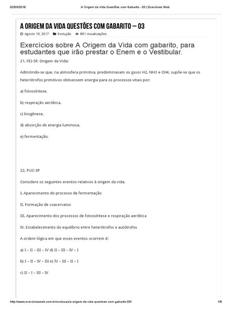 Questões Sobre Origem Da Vida Pdf Com Gabarito