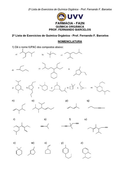 2 Lista de Exercícios - Quím. Orgânica - Com Gabarito - FA2N | PDF ...