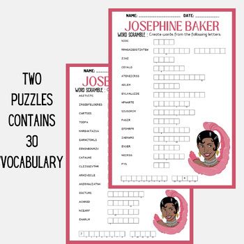 Josephine Baker Biography Word Scramble Puzzle Worksheet Activity