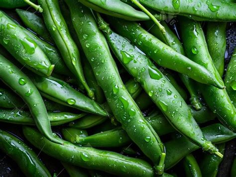 Frijoles Verdes Frescos Con Gotas De Agua En Fondo Oscuro Vista