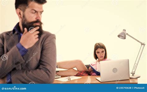 Manager Boss Stand In Front Of Girl Busy With Laptop Office Manager Or Secretary Hot Lady