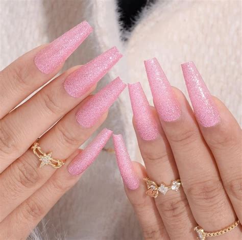 Pink Glitter Long Solid Pink Glitter Nails