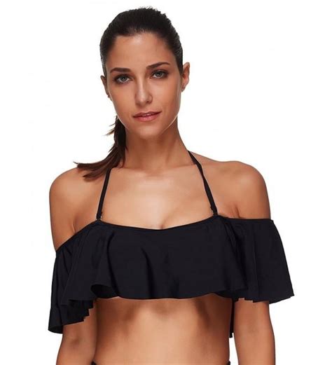 Womens Ruffles Off Shoulder Halter Bikini Top Black Cl L Che