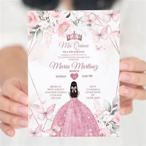 Elegant Pink Rose Gold Floral Princess Mis Quince Invitation Zazzle