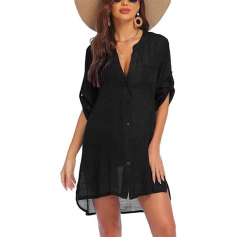 Robe De Plage Femme Noir Col Rond Cache Maillots Sarongs Bikini Cover Up Noir Cdiscount