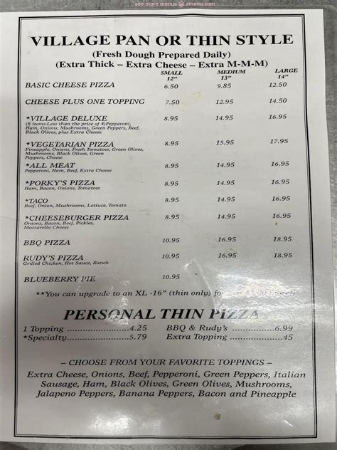 Menu at Village Pizza pizzeria, Reidsville