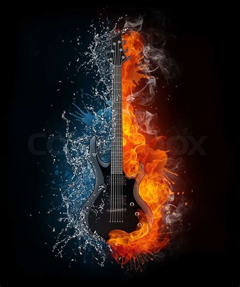 Electric Guitar On Fire And Water Isolated On Black Background Stock Image Colourbox