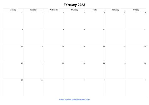 February 2023 Monday Start Calendar | Monday to Sunday