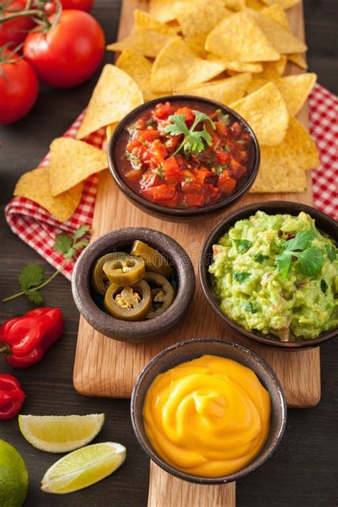 Mexican Nachos Tortilla Chips With Guacamole Salsa And Cheese D Stock