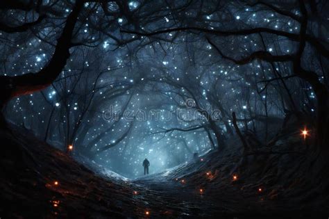 Mysterious Dark Forest With Man Standing In The Middle Of The Path