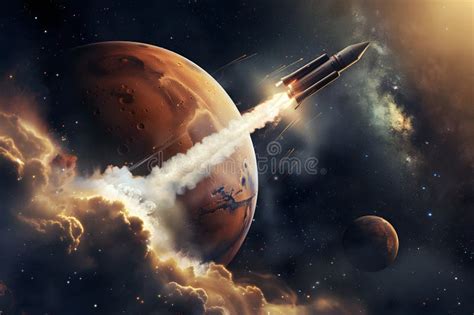 Rocket Flying Towards Mars Against a Starry Sky Stock Illustration ...