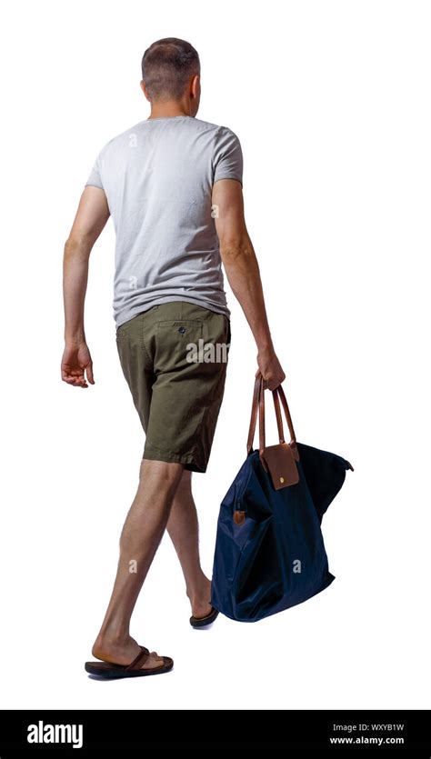 Back View Of Walking Man With Blue Bag Brunette Guy In Motion