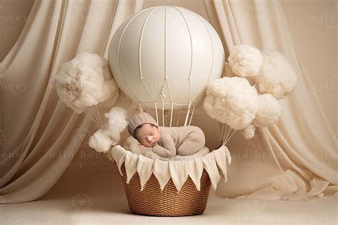 Newborn Hot Air Balloon Digital Backdrop Cream Clouds Basket Bunting Digital Background