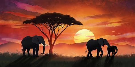 Elephant Family Sunset Scene as Wallpaper or Poster Design | Premium AI ...