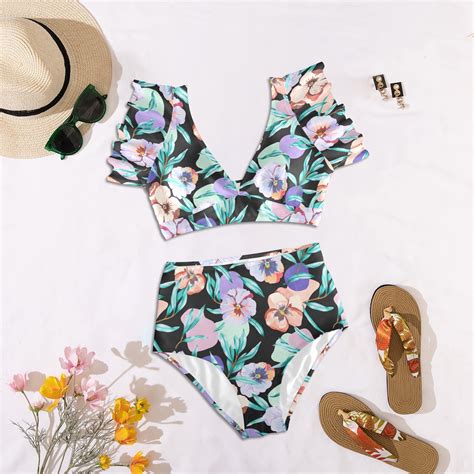 Dark Modern Tropical Floral PD Women S Ruffle Sleeve Bikini Swimsuit Model S42 ID D6724888