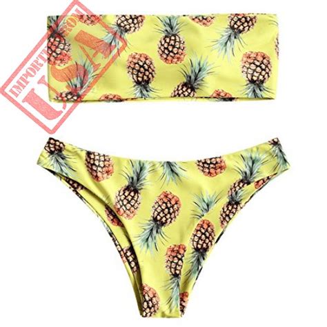 CharMma Women S Strapless Pineapple Print High Cut Bandeau Bikini Set