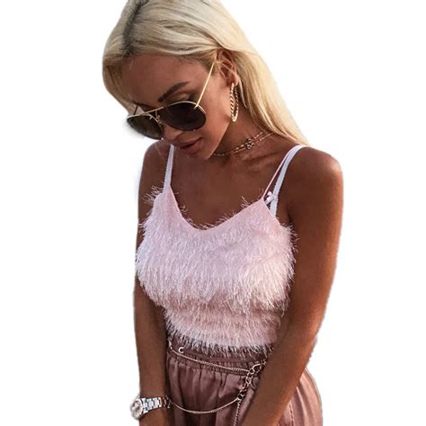 Cute Fluffy Pink Faux Fur Crop Top Women Spaghetti Strap Backless Bodycon Cami Tops Sexy Rave