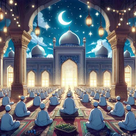 Illustration Of A Muslim Man And Women Praying In Front Of The Mosque