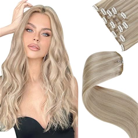 Laavoo Real Hair Extensions Clip In Human Hair Blonde Highlights 14inch 5pcs80g Dark Ash Blonde