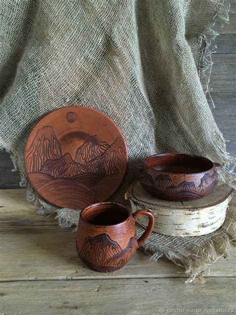 Набор глиняной посуды Горный. Комплект кружка, тарелка и пиала ...