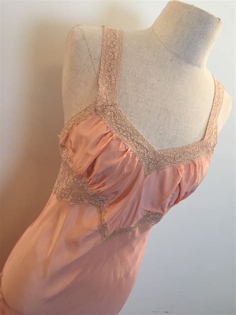 Matte Peach Rayon With Tan Lace Trim Below Knee Lingerie Slip Gown Etsy