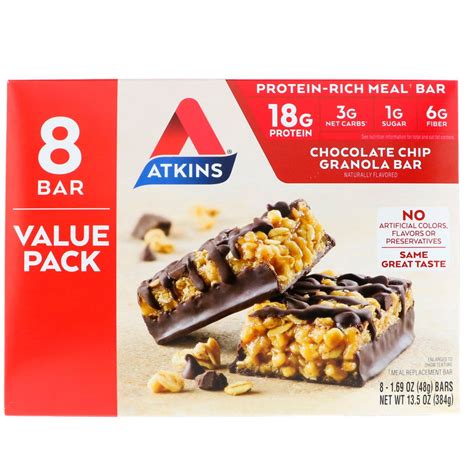 Гранола-батончик з шоколадною стружкою, Atkins, 8 батончиків, 1,69 ...