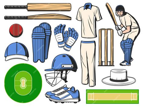 Premium Vector | Cricket equipment, sport icons of ball, bat and wicket